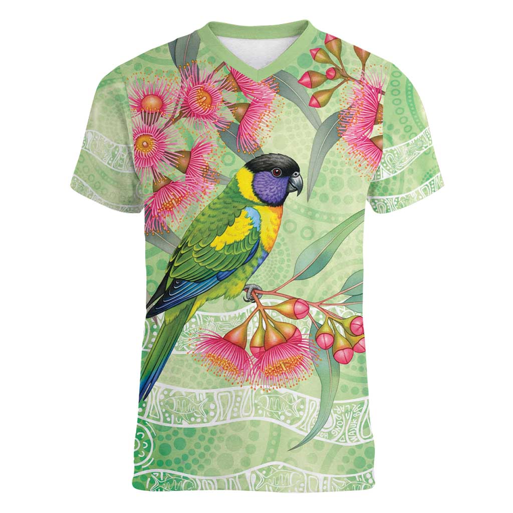 Australian Rainbow Lorikeet and Eucalyptus Women V-Neck T-Shirt Spirit of Aussie Aboriginal Dot Art - Aussie Hoodie