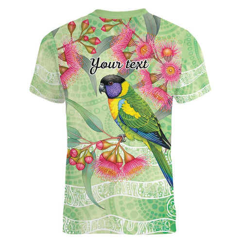 Australian Rainbow Lorikeet and Eucalyptus Women V-Neck T-Shirt Spirit of Aussie Aboriginal Dot Art - Aussie Hoodie