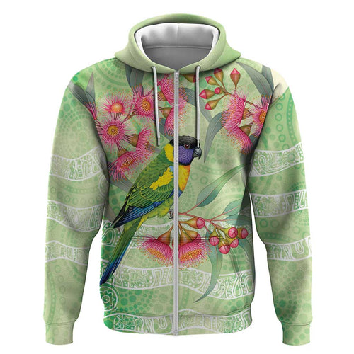 Australian Rainbow Lorikeet and Eucalyptus Zip Hoodie Spirit of Aussie Aboriginal Dot Art - Aussie Hoodie