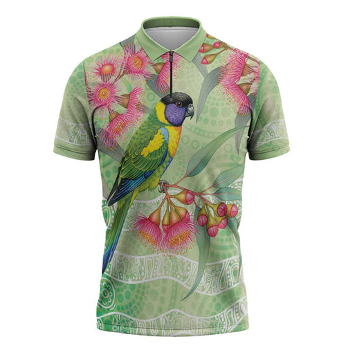 Australian Rainbow Lorikeet and Eucalyptus Zipper Polo Shirt Spirit of Aussie Aboriginal Dot Art - Aussie Hoodie