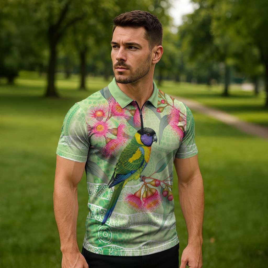 Australian Rainbow Lorikeet and Eucalyptus Zipper Polo Shirt Spirit of Aussie Aboriginal Dot Art - Aussie Hoodie