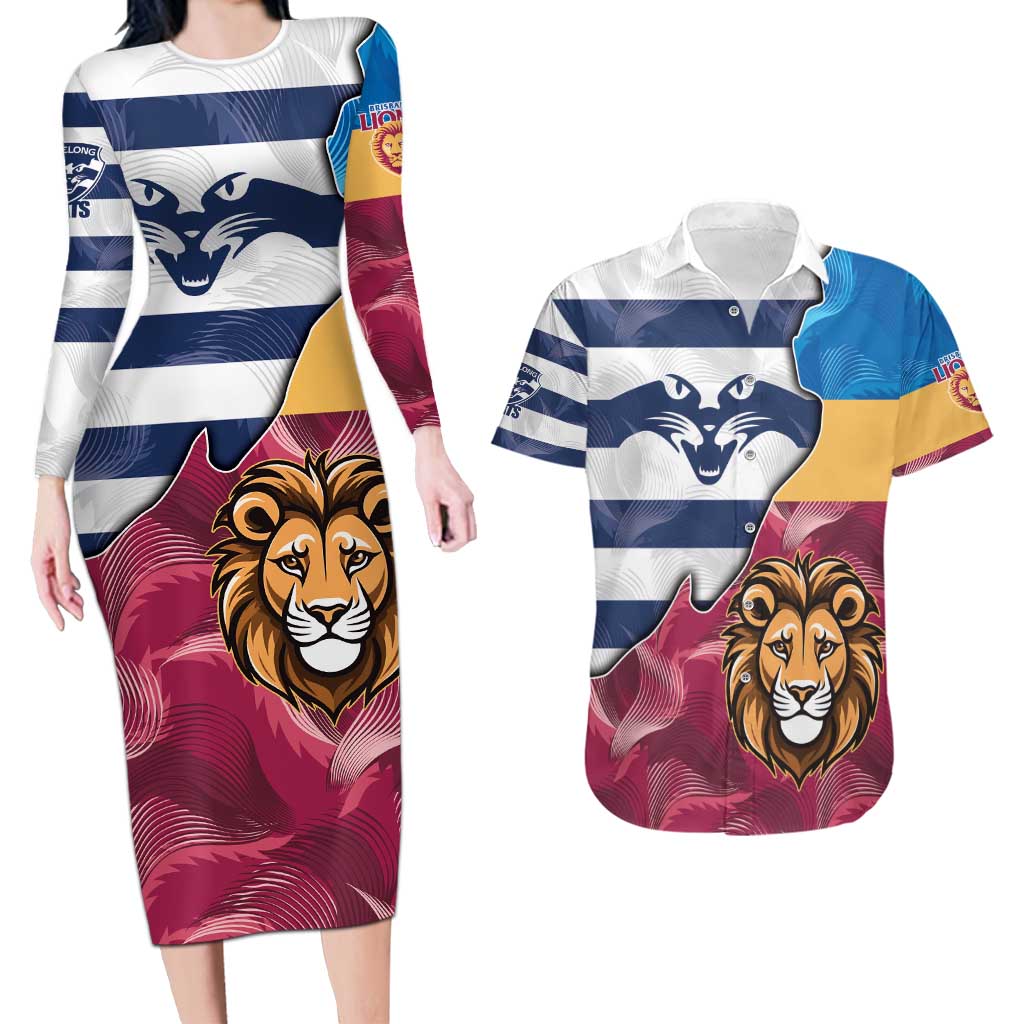 Brisbane-Geelong Football Custom Couples Matching Long Sleeve Bodycon Dress and Hawaiian Shirt Cracked Metal Style