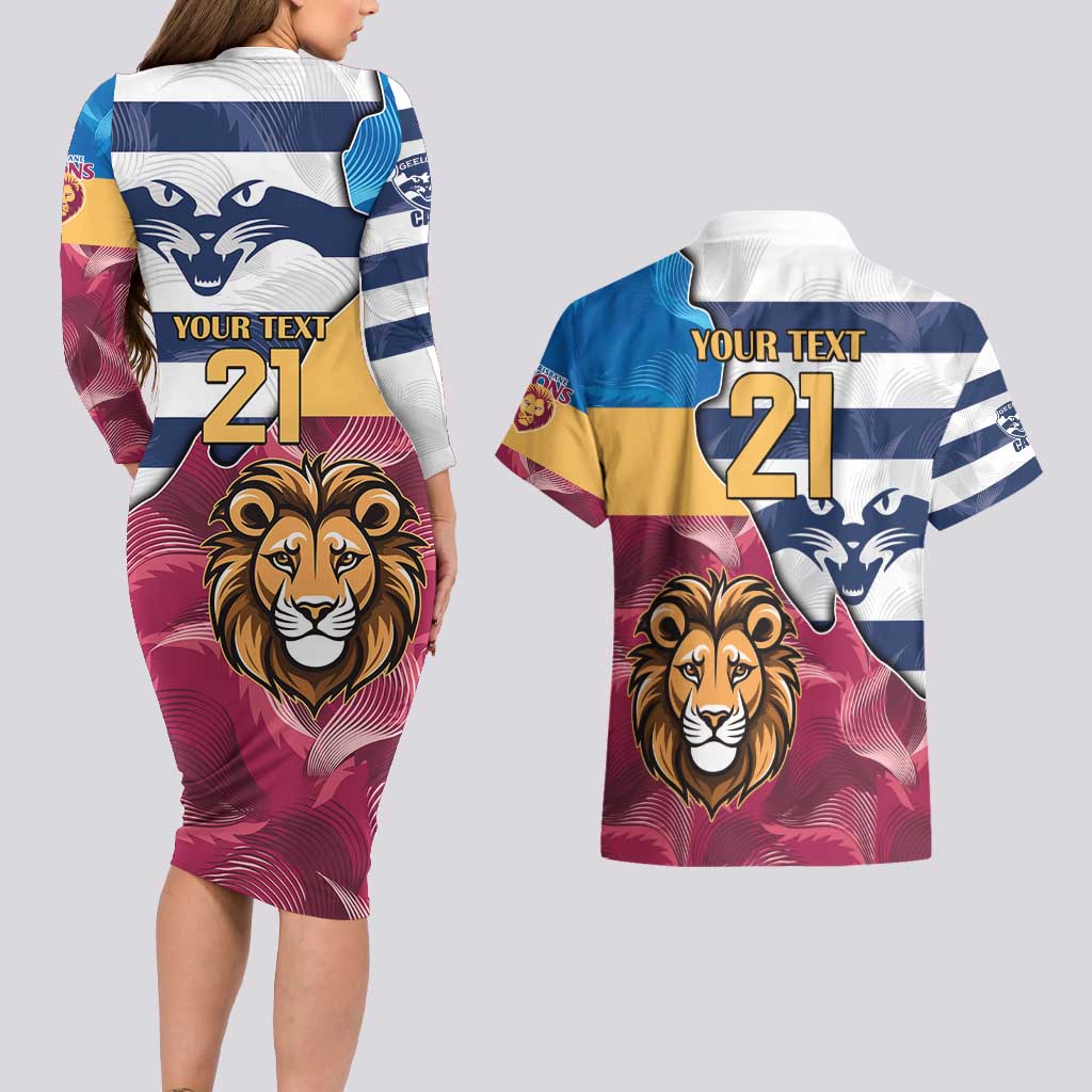 Brisbane-Geelong Football Custom Couples Matching Long Sleeve Bodycon Dress and Hawaiian Shirt Cracked Metal Style