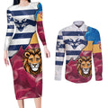 Brisbane-Geelong Football Custom Couples Matching Long Sleeve Bodycon Dress and Long Sleeve Button Shirt Cracked Metal Style