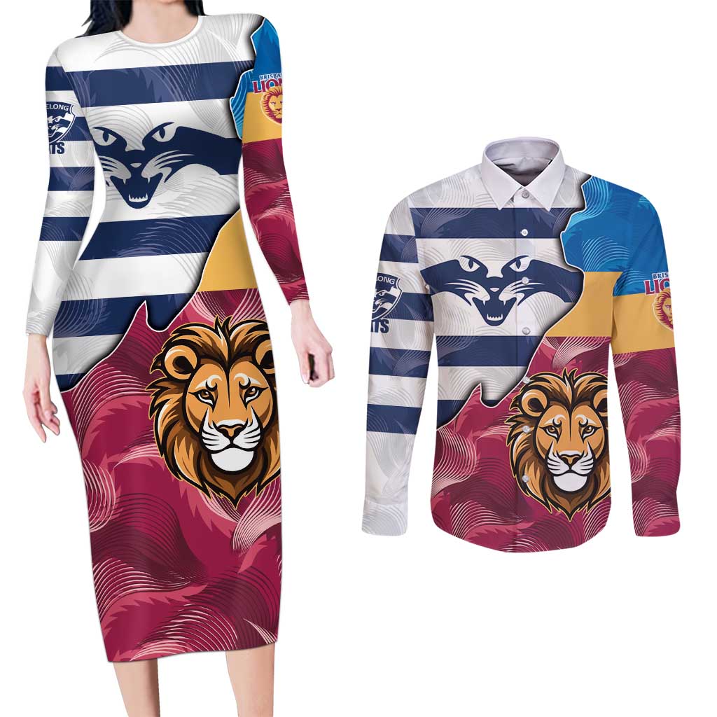 Brisbane-Geelong Football Custom Couples Matching Long Sleeve Bodycon Dress and Long Sleeve Button Shirt Cracked Metal Style