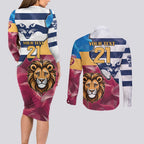 Brisbane-Geelong Football Custom Couples Matching Long Sleeve Bodycon Dress and Long Sleeve Button Shirt Cracked Metal Style