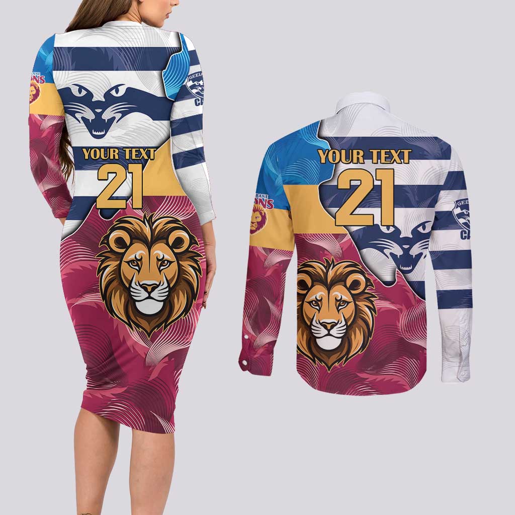 Brisbane-Geelong Football Custom Couples Matching Long Sleeve Bodycon Dress and Long Sleeve Button Shirt Cracked Metal Style