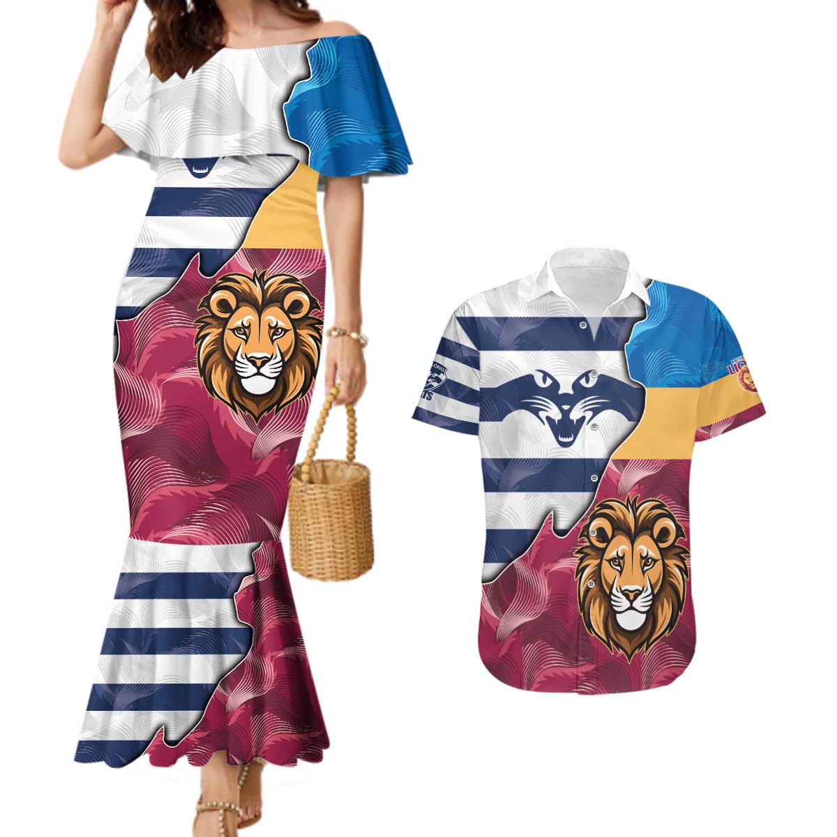 Brisbane-Geelong Football Custom Couples Matching Mermaid Dress and Hawaiian Shirt Cracked Metal Style
