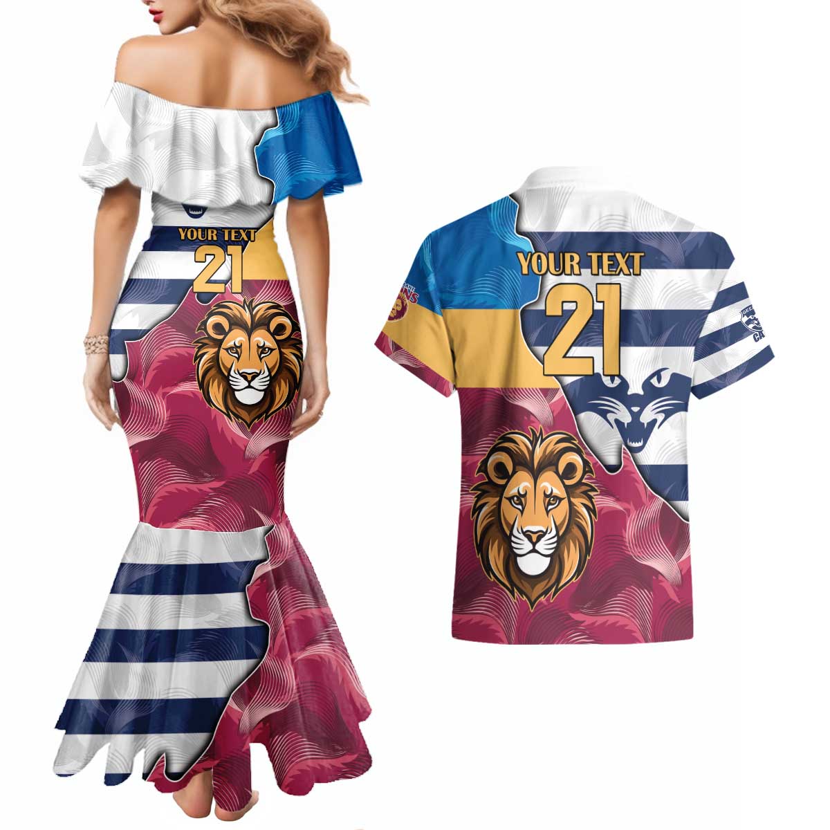Brisbane-Geelong Football Custom Couples Matching Mermaid Dress and Hawaiian Shirt Cracked Metal Style