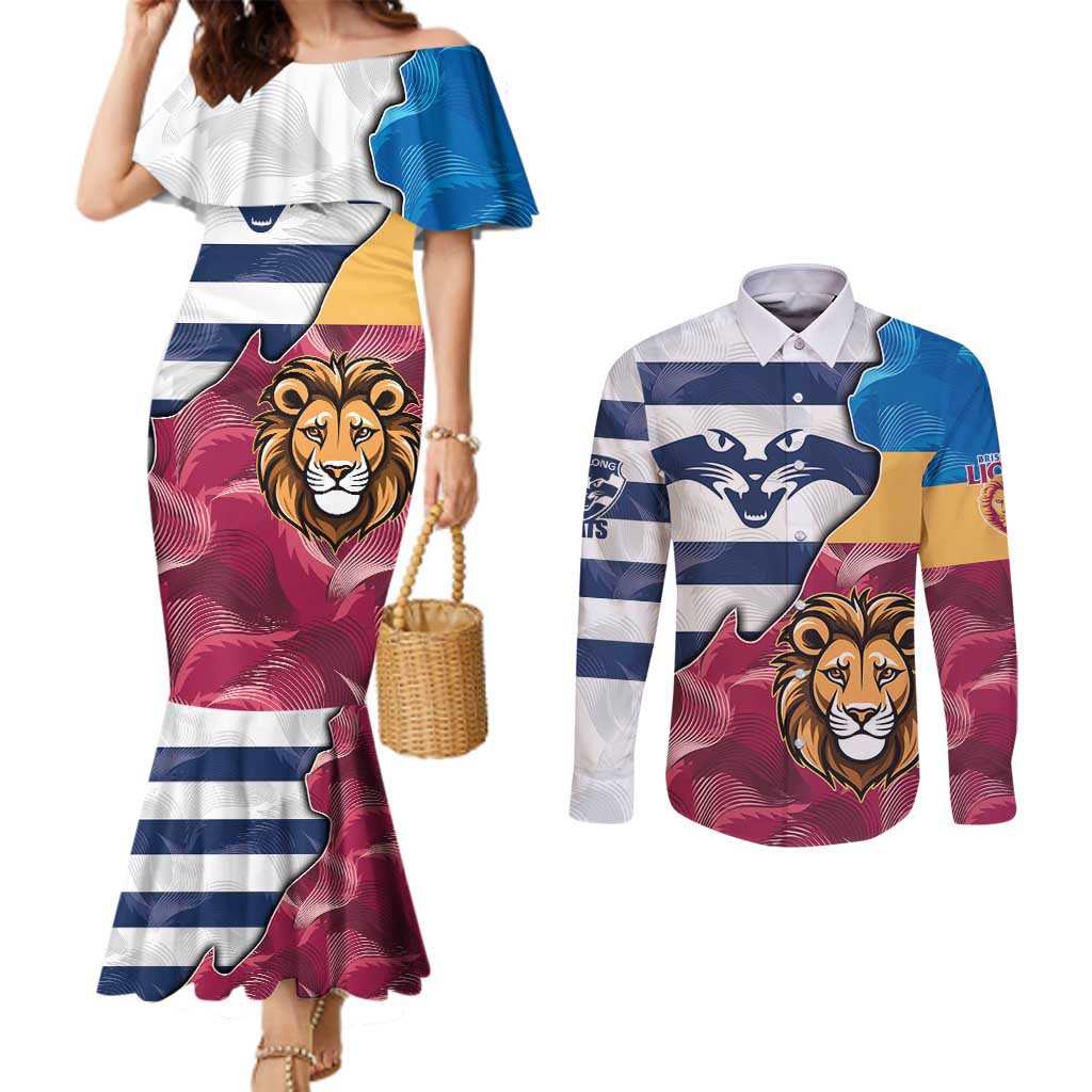 Brisbane-Geelong Football Custom Couples Matching Mermaid Dress and Long Sleeve Button Shirt Cracked Metal Style