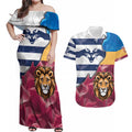 Brisbane-Geelong Football Custom Couples Matching Off Shoulder Maxi Dress and Hawaiian Shirt Cracked Metal Style