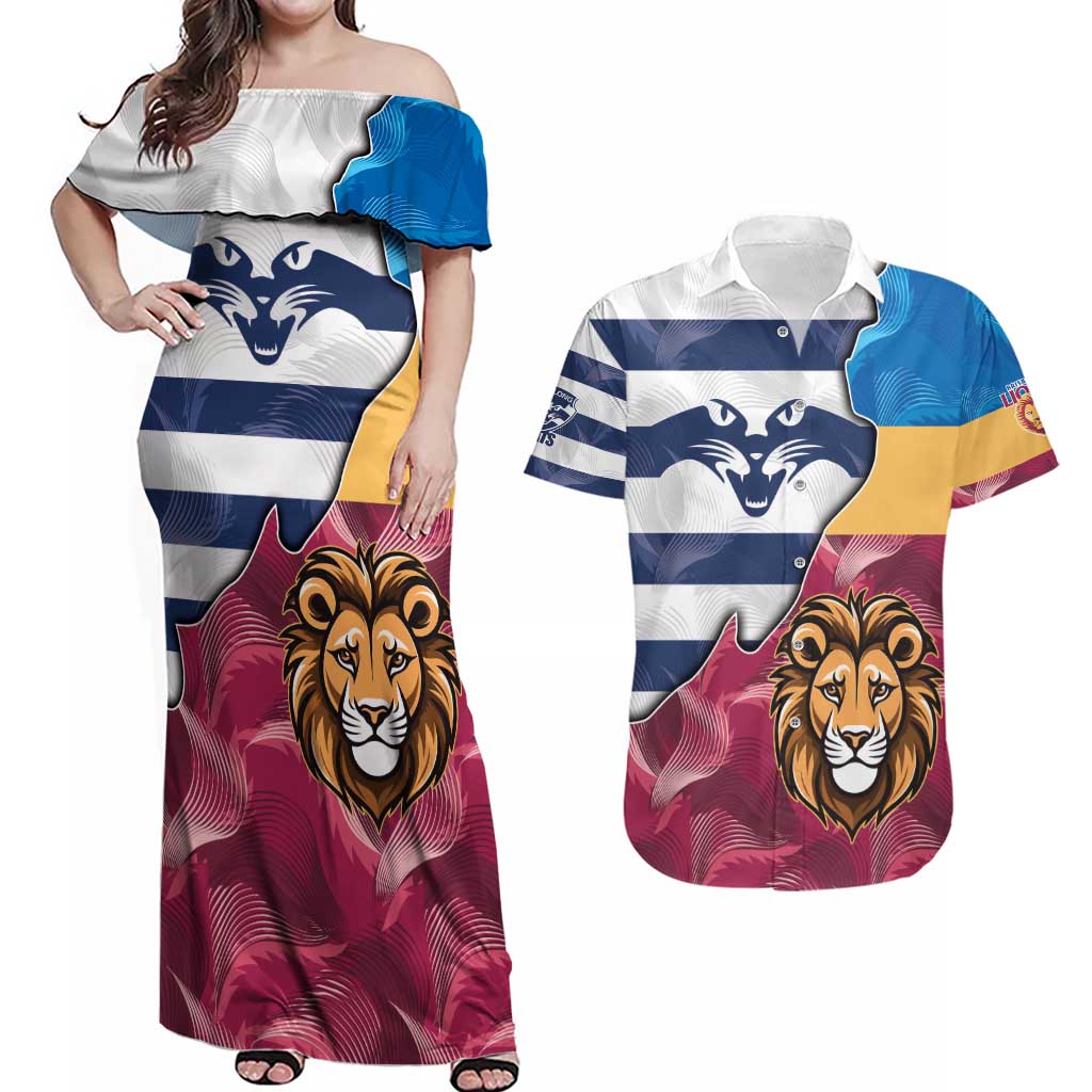 Brisbane-Geelong Football Custom Couples Matching Off Shoulder Maxi Dress and Hawaiian Shirt Cracked Metal Style