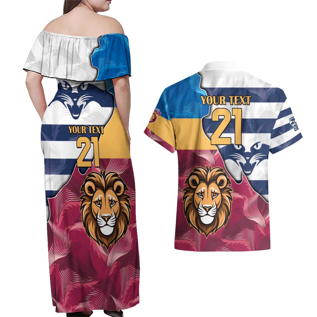 Brisbane-Geelong Football Custom Couples Matching Off Shoulder Maxi Dress and Hawaiian Shirt Cracked Metal Style