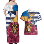 Brisbane-Geelong Football Custom Couples Matching Off Shoulder Maxi Dress and Hawaiian Shirt Cracked Metal Style