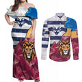 Brisbane-Geelong Football Custom Couples Matching Off Shoulder Maxi Dress and Long Sleeve Button Shirt Cracked Metal Style
