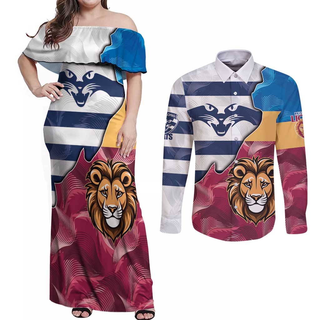 Brisbane-Geelong Football Custom Couples Matching Off Shoulder Maxi Dress and Long Sleeve Button Shirt Cracked Metal Style
