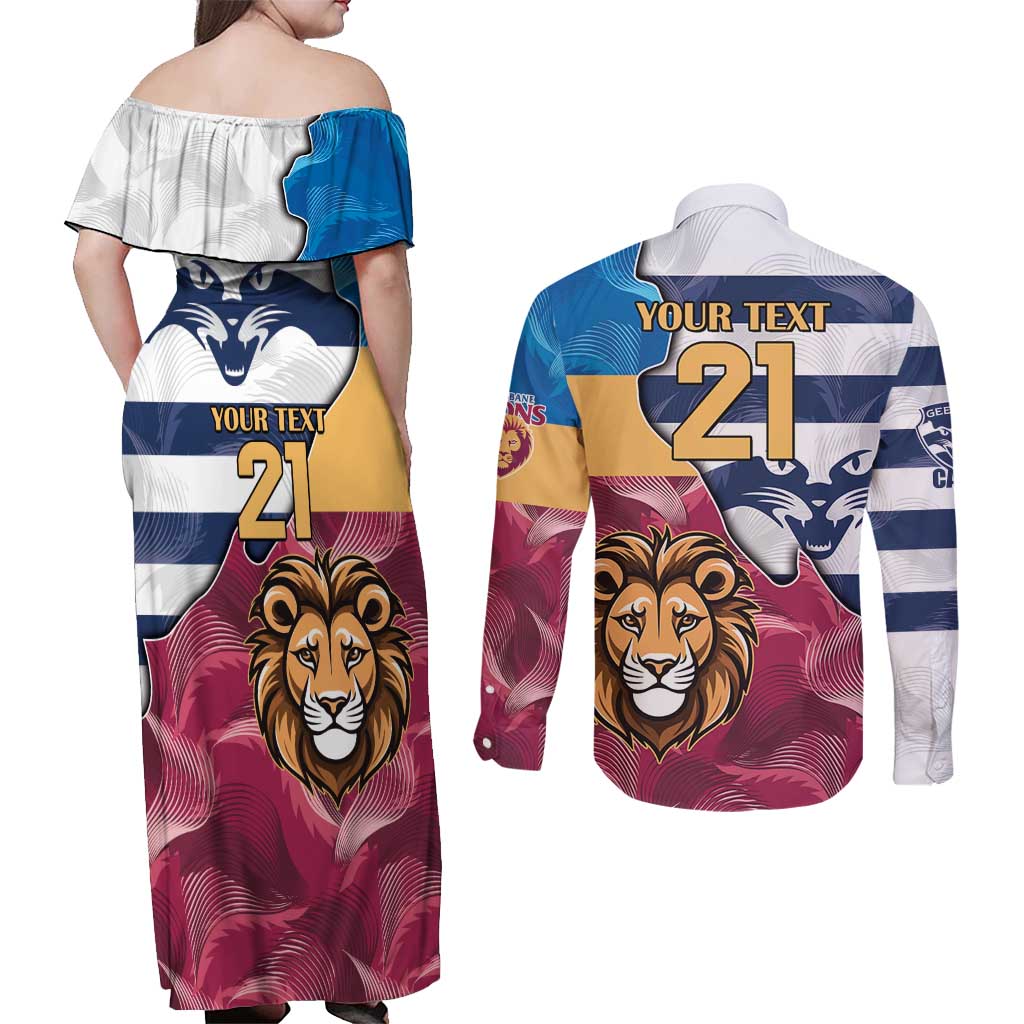 Brisbane-Geelong Football Custom Couples Matching Off Shoulder Maxi Dress and Long Sleeve Button Shirt Cracked Metal Style