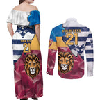 Brisbane-Geelong Football Custom Couples Matching Off Shoulder Maxi Dress and Long Sleeve Button Shirt Cracked Metal Style