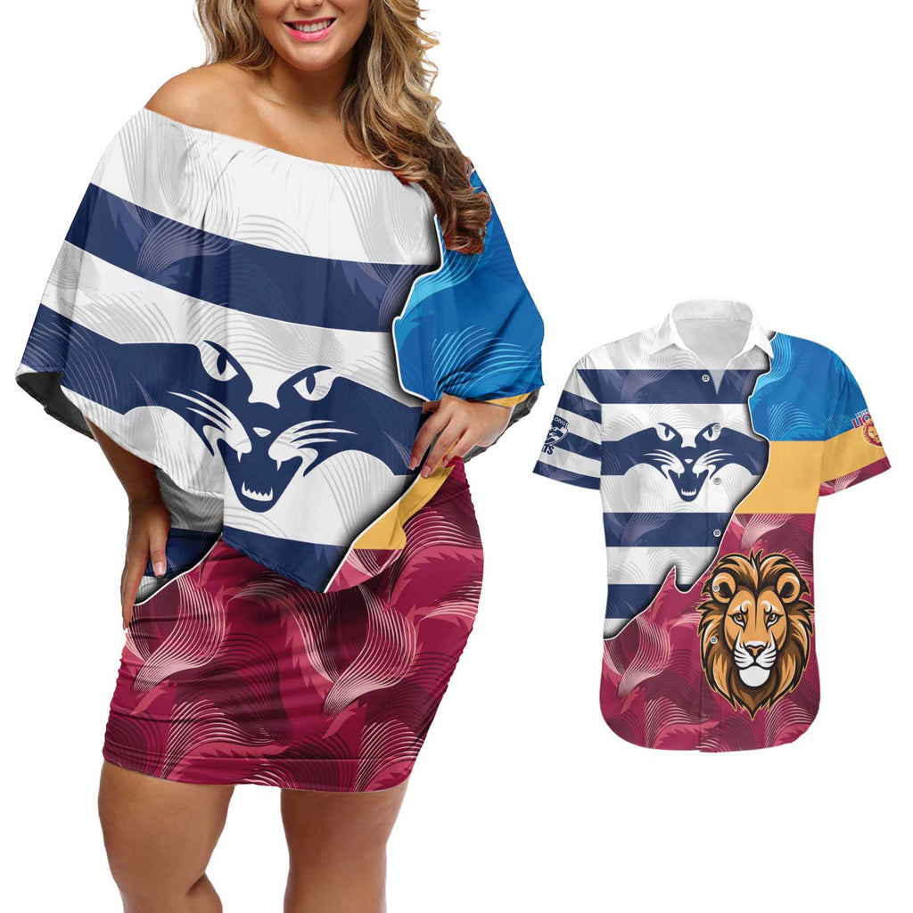 Brisbane-Geelong Football Custom Couples Matching Off Shoulder Short Dress and Hawaiian Shirt Cracked Metal Style