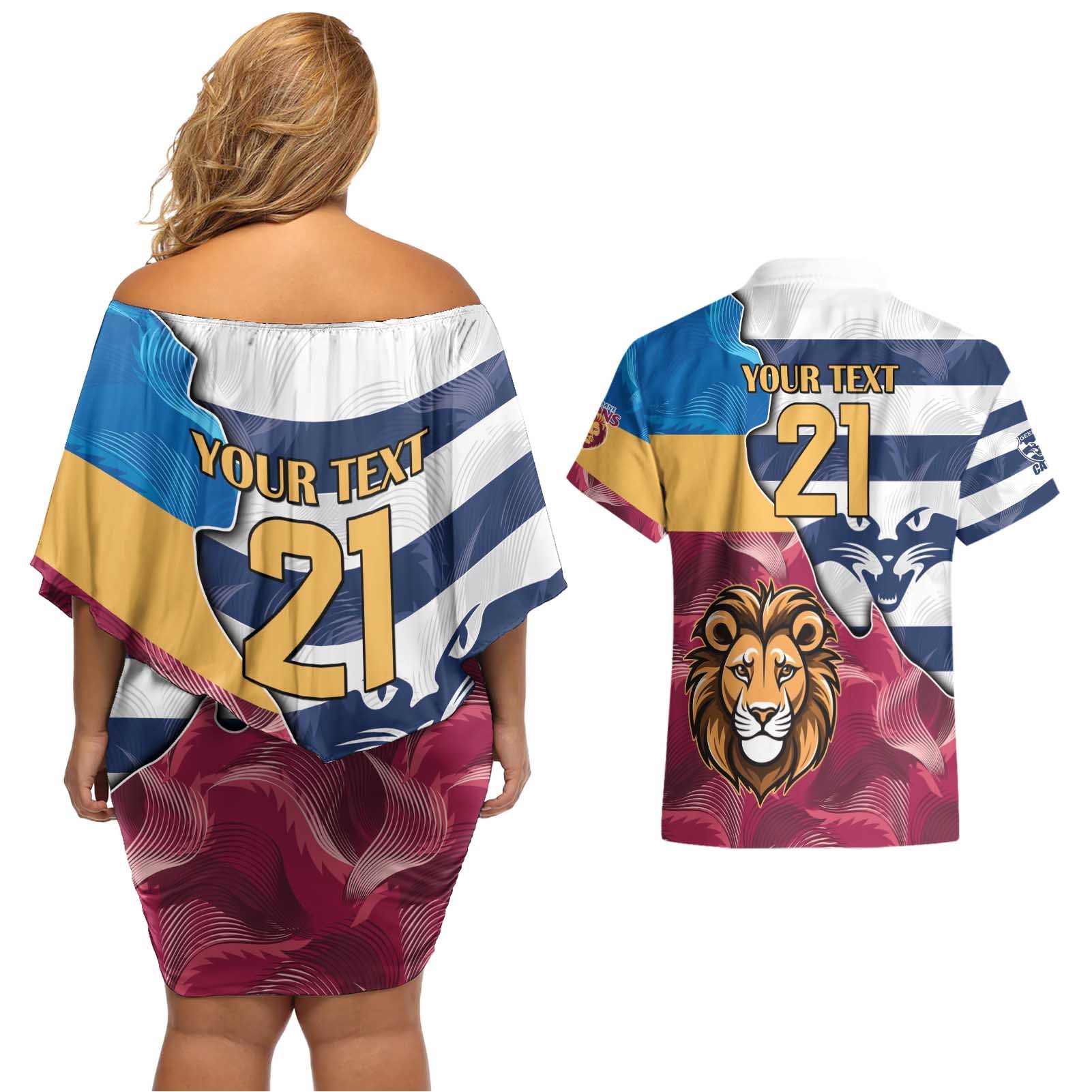 Brisbane-Geelong Football Custom Couples Matching Off Shoulder Short Dress and Hawaiian Shirt Cracked Metal Style