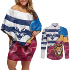 Brisbane-Geelong Football Custom Couples Matching Off Shoulder Short Dress and Long Sleeve Button Shirt Cracked Metal Style