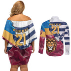 Brisbane-Geelong Football Custom Couples Matching Off Shoulder Short Dress and Long Sleeve Button Shirt Cracked Metal Style