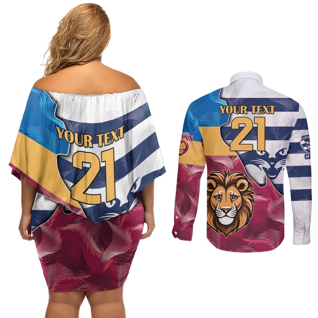 Brisbane-Geelong Football Custom Couples Matching Off Shoulder Short Dress and Long Sleeve Button Shirt Cracked Metal Style