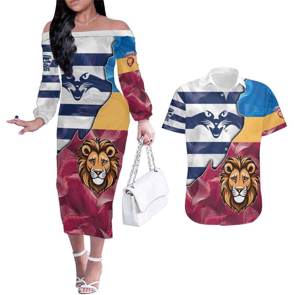 Brisbane-Geelong Football Custom Couples Matching Off The Shoulder Long Sleeve Dress and Hawaiian Shirt Cracked Metal Style