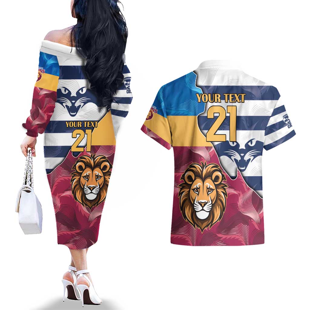 Brisbane-Geelong Football Custom Couples Matching Off The Shoulder Long Sleeve Dress and Hawaiian Shirt Cracked Metal Style