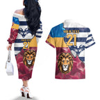 Brisbane-Geelong Football Custom Couples Matching Off The Shoulder Long Sleeve Dress and Hawaiian Shirt Cracked Metal Style