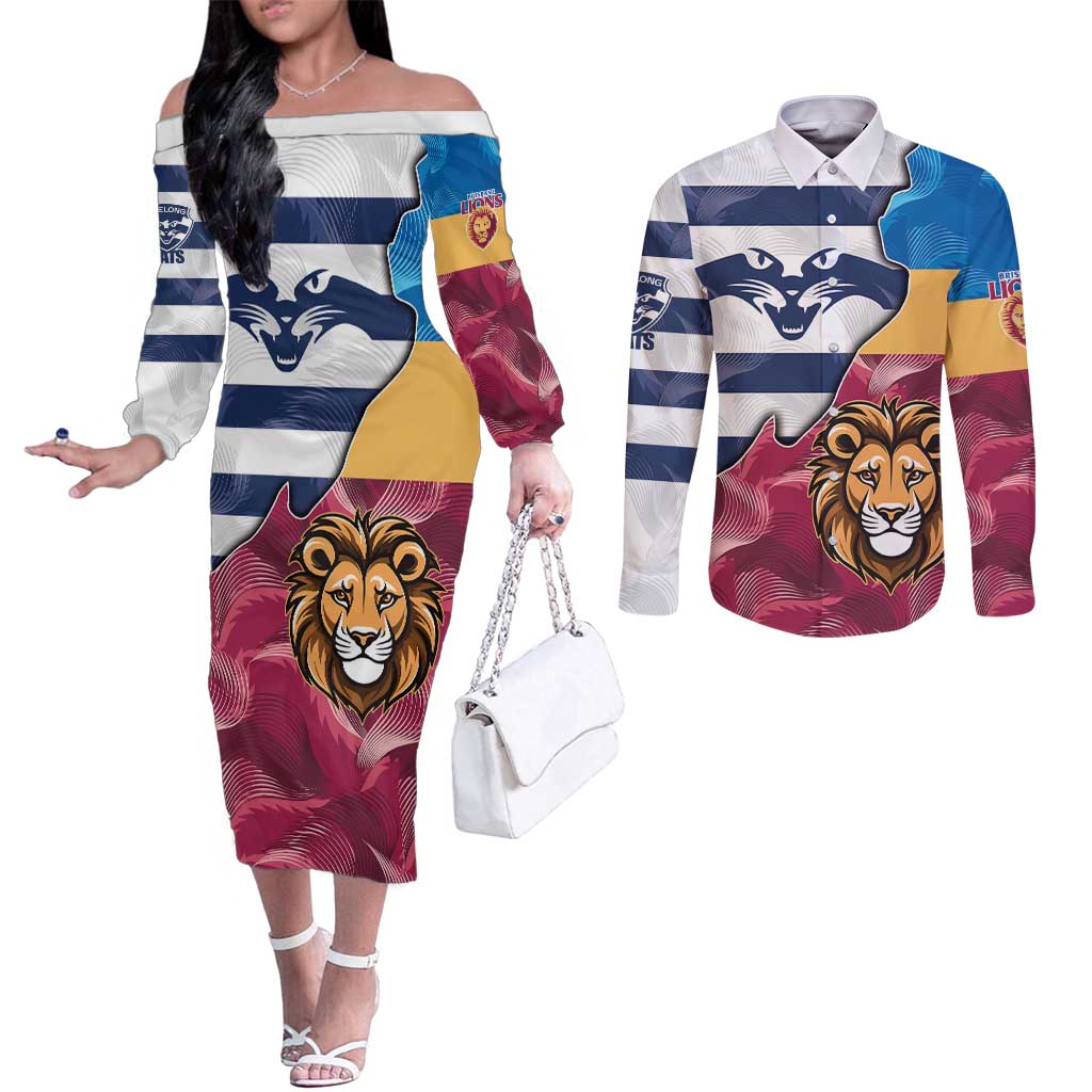 Brisbane-Geelong Football Custom Couples Matching Off The Shoulder Long Sleeve Dress and Long Sleeve Button Shirt Cracked Metal Style