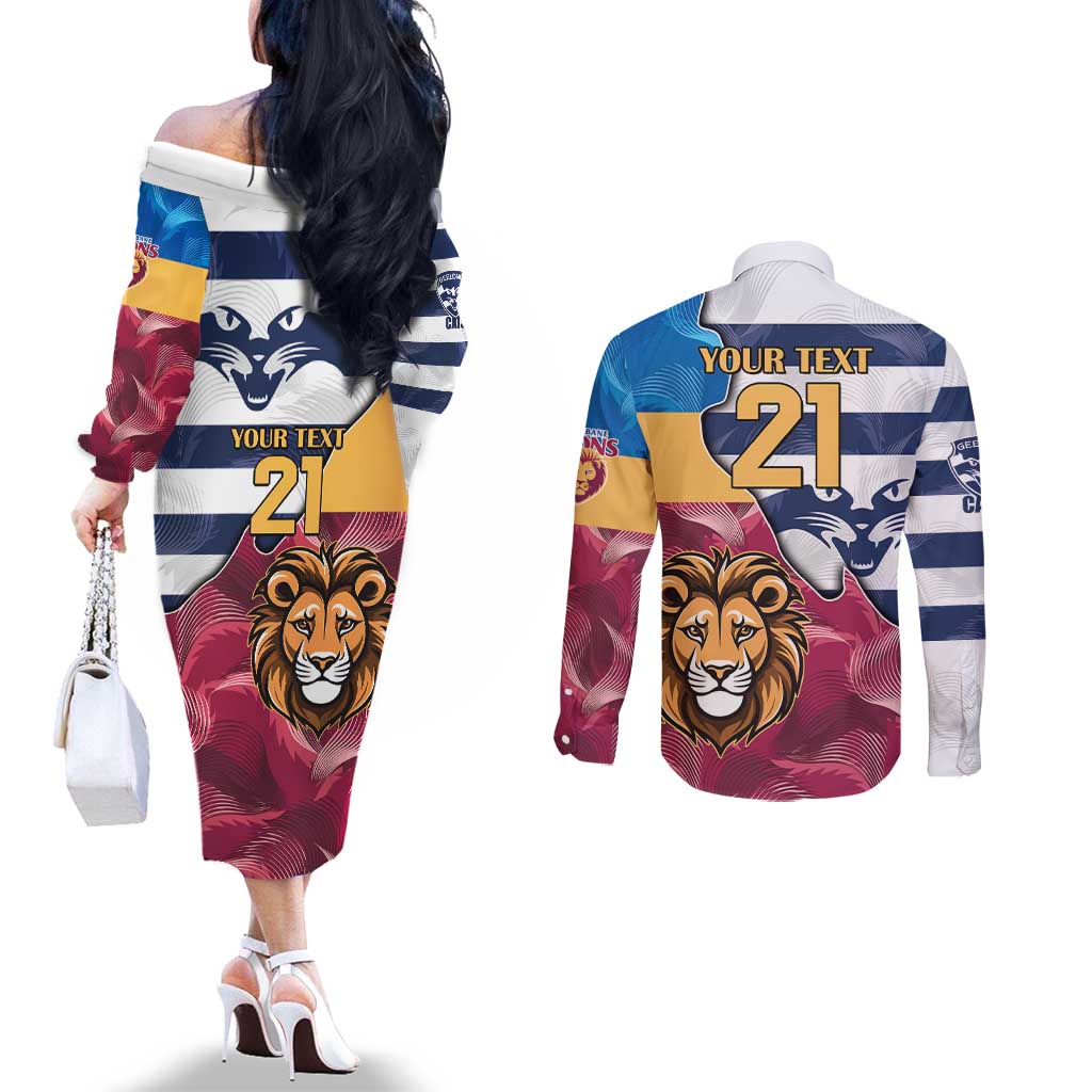 Brisbane-Geelong Football Custom Couples Matching Off The Shoulder Long Sleeve Dress and Long Sleeve Button Shirt Cracked Metal Style