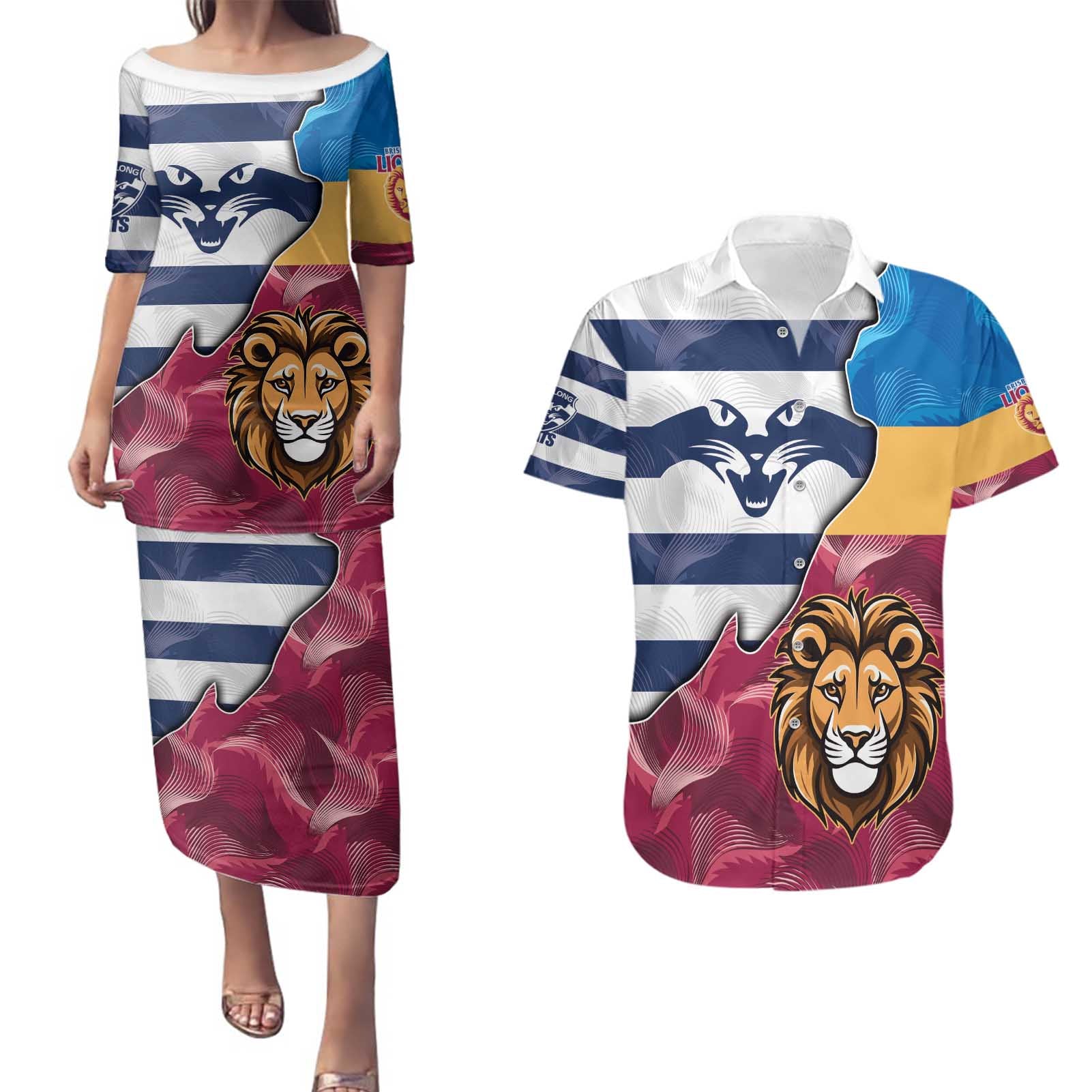 Brisbane-Geelong Football Custom Couples Matching Puletasi and Hawaiian Shirt Cracked Metal Style