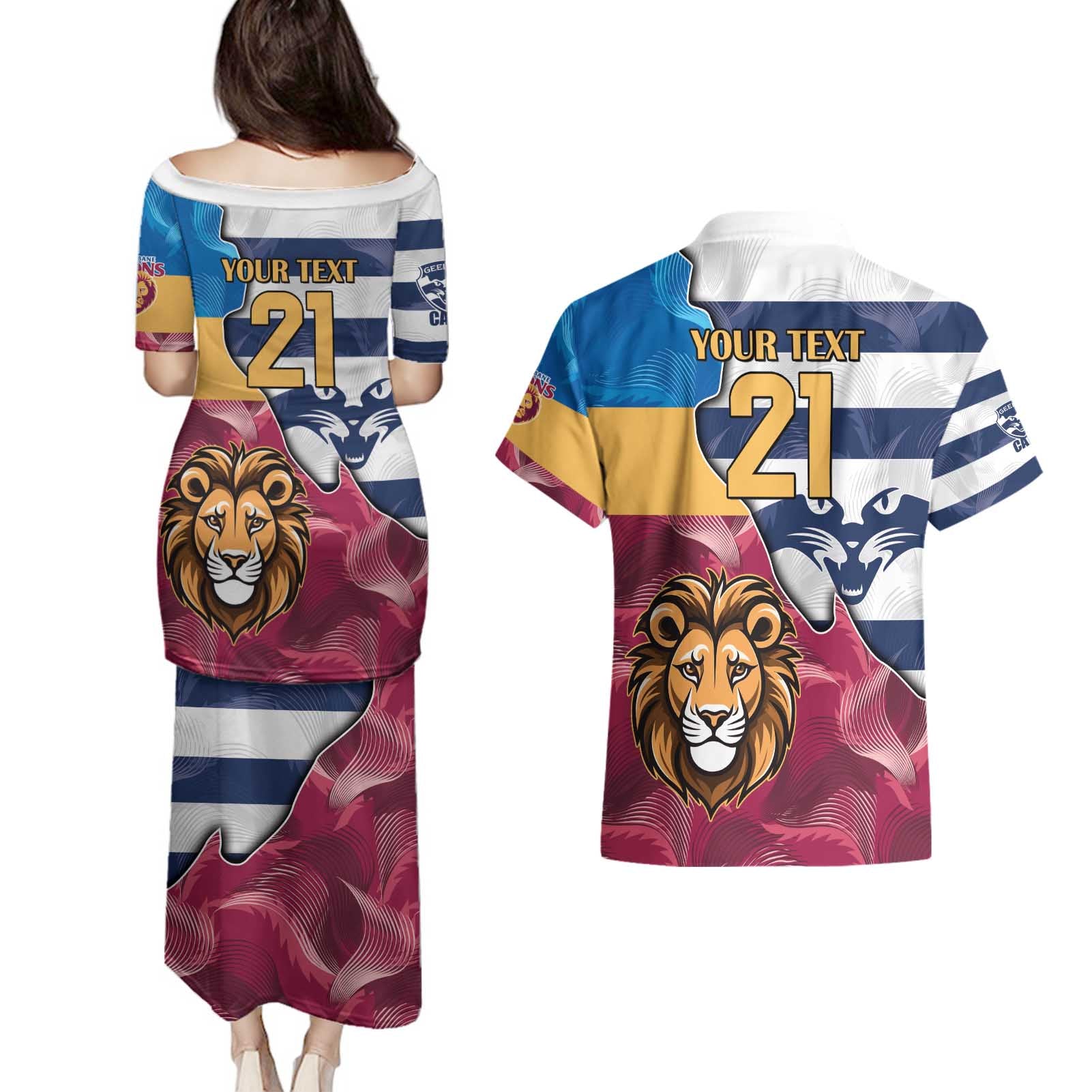 Brisbane-Geelong Football Custom Couples Matching Puletasi and Hawaiian Shirt Cracked Metal Style