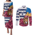 Brisbane-Geelong Football Custom Couples Matching Puletasi and Long Sleeve Button Shirt Cracked Metal Style