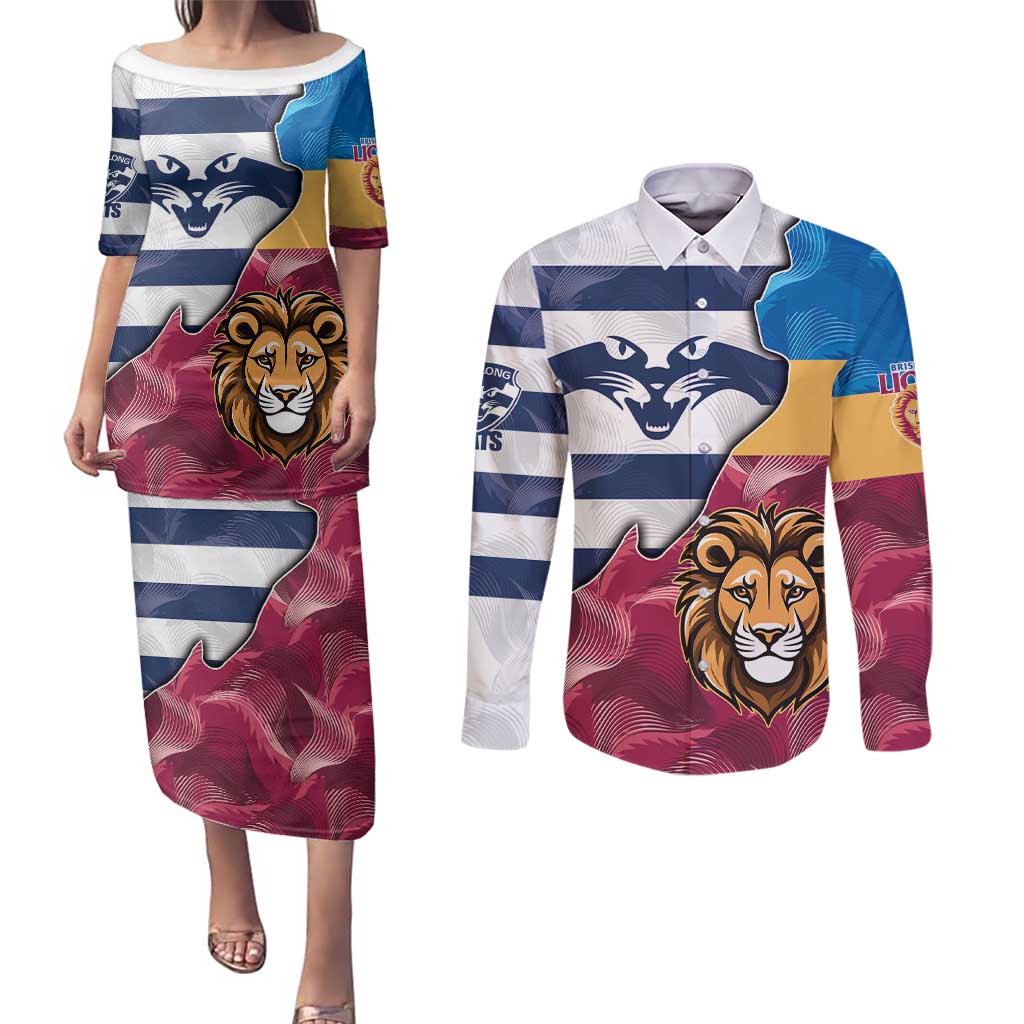 Brisbane-Geelong Football Custom Couples Matching Puletasi and Long Sleeve Button Shirt Cracked Metal Style
