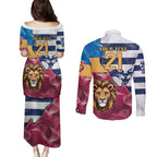Brisbane-Geelong Football Custom Couples Matching Puletasi and Long Sleeve Button Shirt Cracked Metal Style