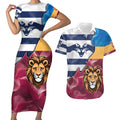 Brisbane-Geelong Football Custom Couples Matching Short Sleeve Bodycon Dress and Hawaiian Shirt Cracked Metal Style