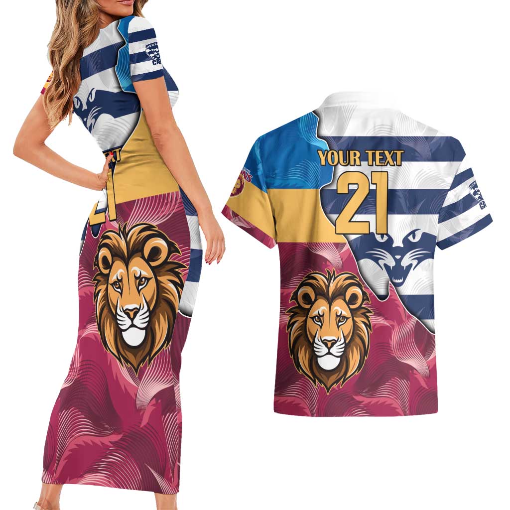 Brisbane-Geelong Football Custom Couples Matching Short Sleeve Bodycon Dress and Hawaiian Shirt Cracked Metal Style