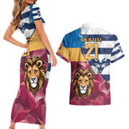 Brisbane-Geelong Football Custom Couples Matching Short Sleeve Bodycon Dress and Hawaiian Shirt Cracked Metal Style