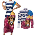 Brisbane-Geelong Football Custom Couples Matching Short Sleeve Bodycon Dress and Long Sleeve Button Shirt Cracked Metal Style