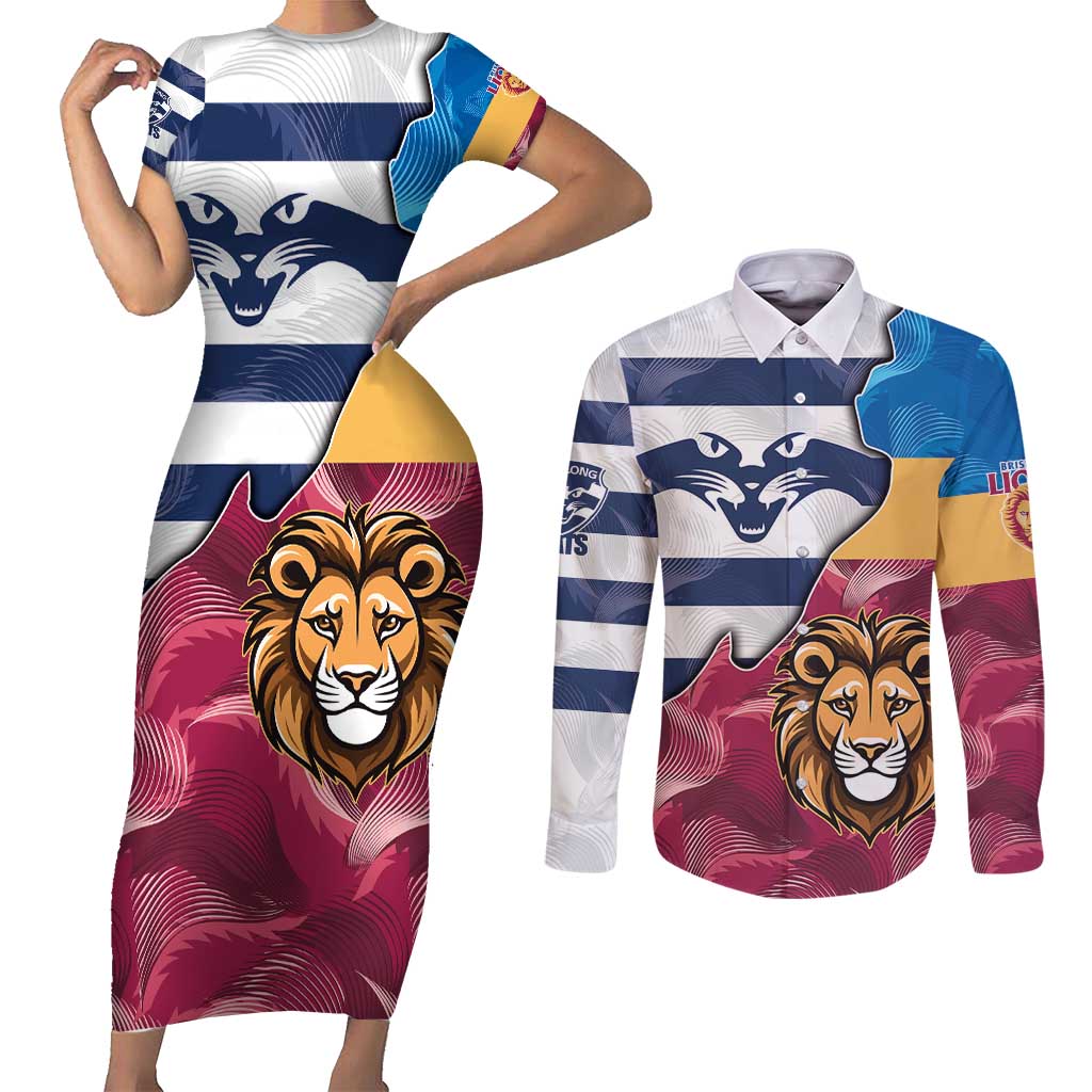 Brisbane-Geelong Football Custom Couples Matching Short Sleeve Bodycon Dress and Long Sleeve Button Shirt Cracked Metal Style