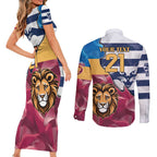 Brisbane-Geelong Football Custom Couples Matching Short Sleeve Bodycon Dress and Long Sleeve Button Shirt Cracked Metal Style