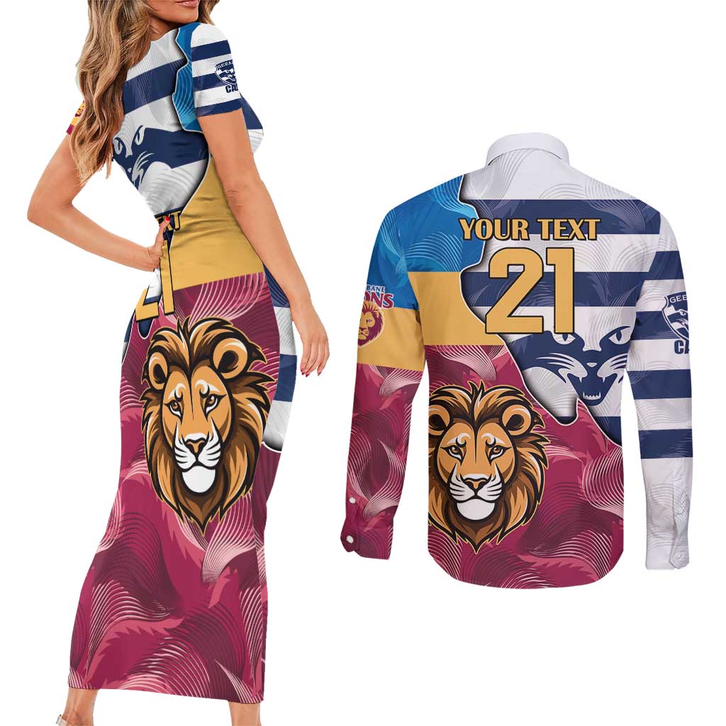 Brisbane-Geelong Football Custom Couples Matching Short Sleeve Bodycon Dress and Long Sleeve Button Shirt Cracked Metal Style