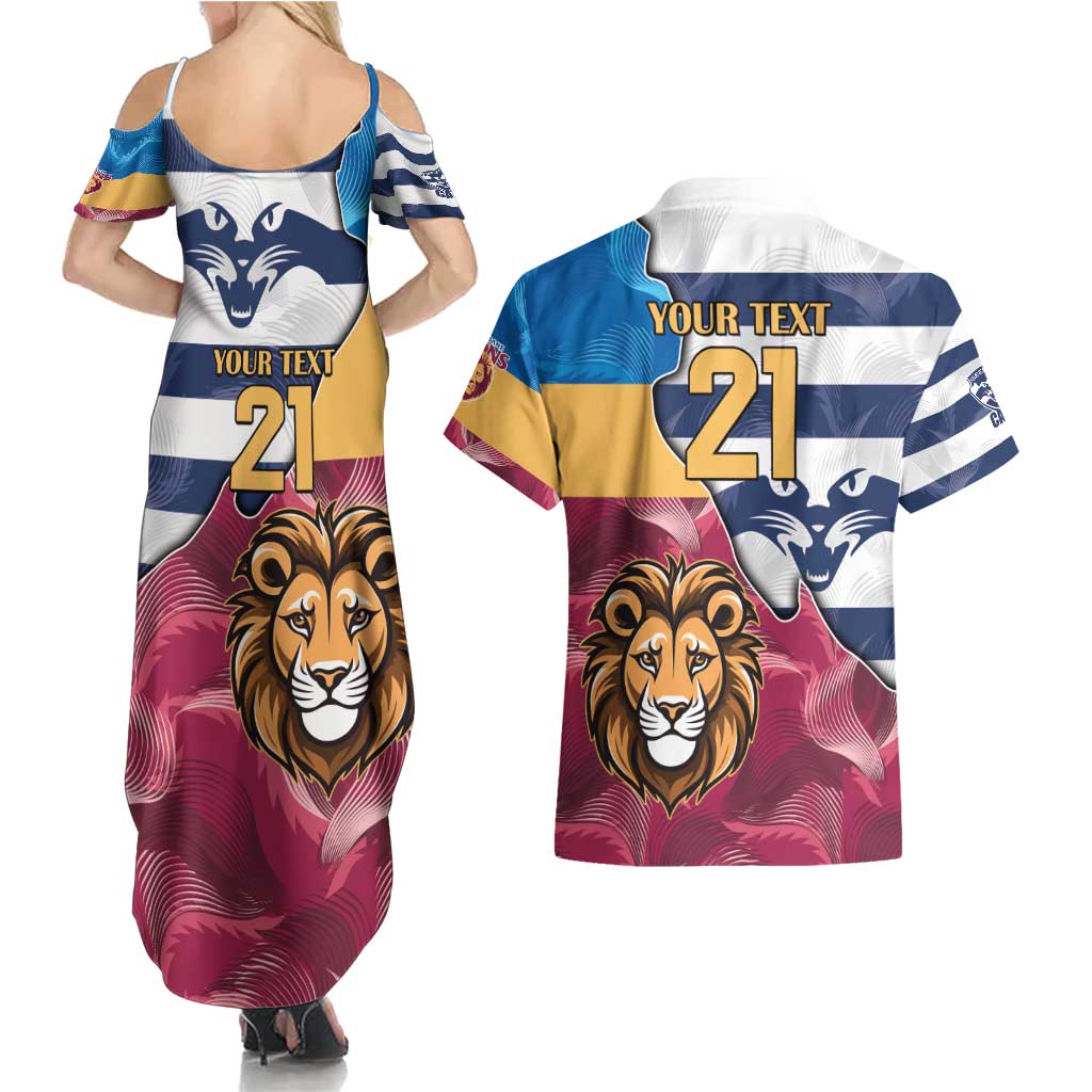 Brisbane-Geelong Football Custom Couples Matching Summer Maxi Dress and Hawaiian Shirt Cracked Metal Style