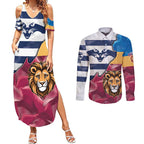 Brisbane-Geelong Football Custom Couples Matching Summer Maxi Dress and Long Sleeve Button Shirt Cracked Metal Style