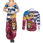 Brisbane-Geelong Football Custom Couples Matching Summer Maxi Dress and Long Sleeve Button Shirt Cracked Metal Style