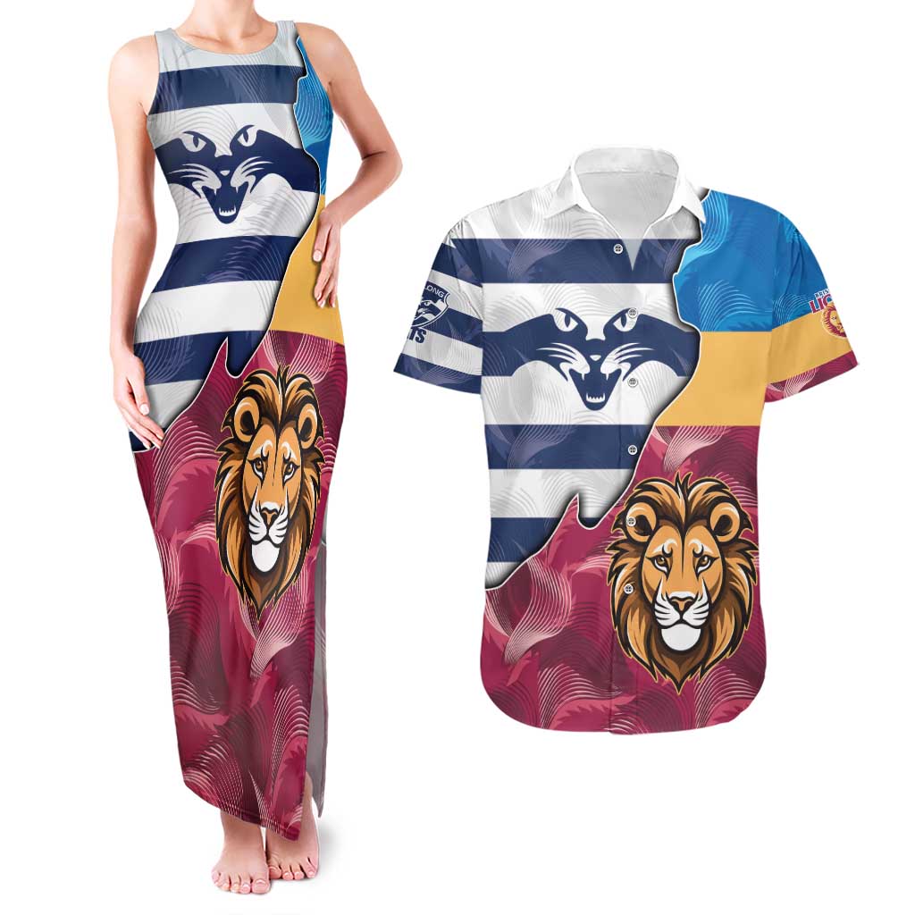 Brisbane-Geelong Football Custom Couples Matching Tank Maxi Dress and Hawaiian Shirt Cracked Metal Style
