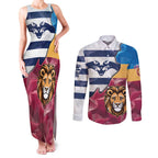 Brisbane-Geelong Football Custom Couples Matching Tank Maxi Dress and Long Sleeve Button Shirt Cracked Metal Style