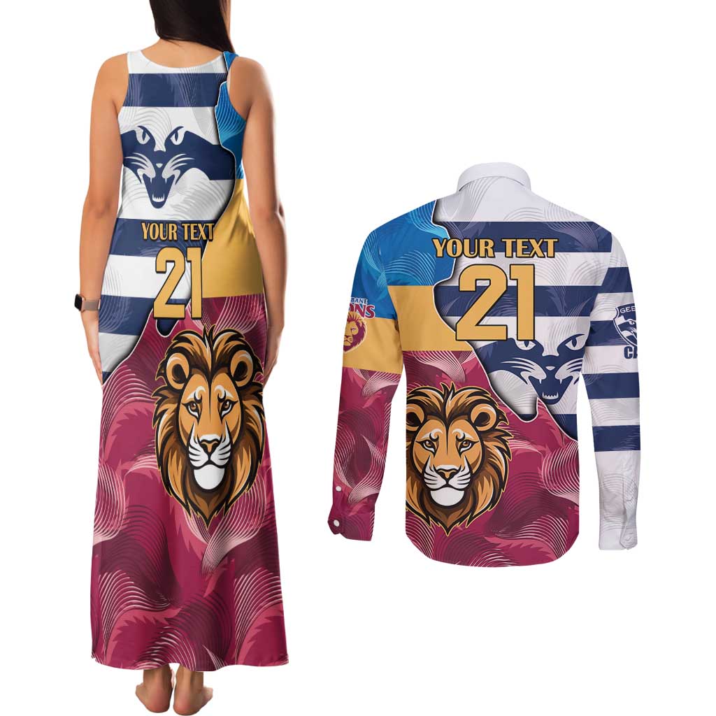 Brisbane-Geelong Football Custom Couples Matching Tank Maxi Dress and Long Sleeve Button Shirt Cracked Metal Style